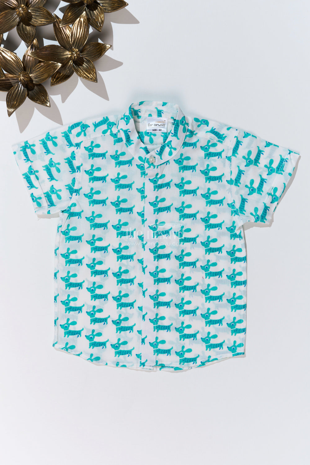 The Nesavu Boys Cotton Shirt Boys Shirt Half Sleeve in Cotton Block Print with Cute Dog Pattern Nesavu 16 (1Y) / Turquoise BS245A-16 Nesavu Boys Shirt Half Sleeve Cotton Block Print Fun Dog Motif