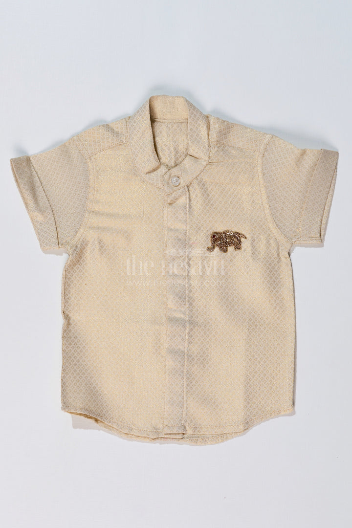 The Nesavu Boys Silk Shirt Boys Shirt New Design with Embroidered Elephant Motif and Mandarin Collar Nesavu 16 (1Y) / Gold BS224A-16 Boys Shirt New Design Elephant Embroidery Mandarin Collar | The Nesavu