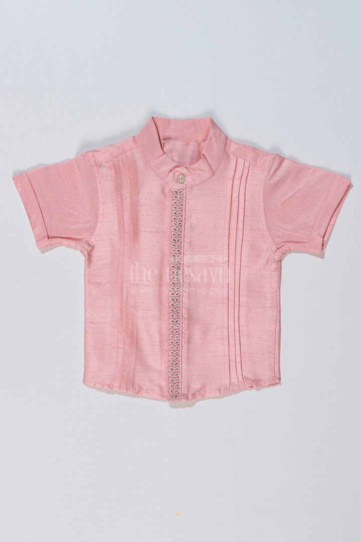 The Nesavu Boys Silk Shirt Boys Short Sleeve Pink Shirt in Silk Blend with Embroidered Panel for Festive Occasions Nesavu 16 (1Y) / Pink BS236A-16 Boys Short Sleeve Pink Silk Shirt Embroidered Panel Weddings Festive Wear | The Nesavu