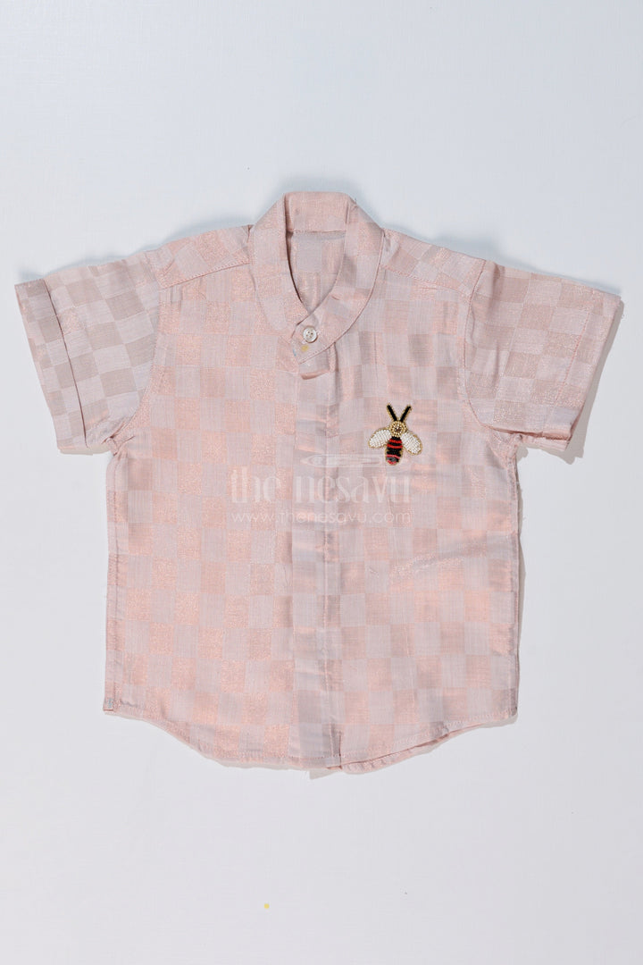 The Nesavu Boys Silk Shirt Boys Silk and Cotton Shirt in Gold with Checkered Pattern and Embellished Bee Motif Nesavu 16 (1Y) / Gold BS221C-16 Boys Silk Cotton Shirt Gold Checkered Pattern Embellished Bee Design | The Nesavu