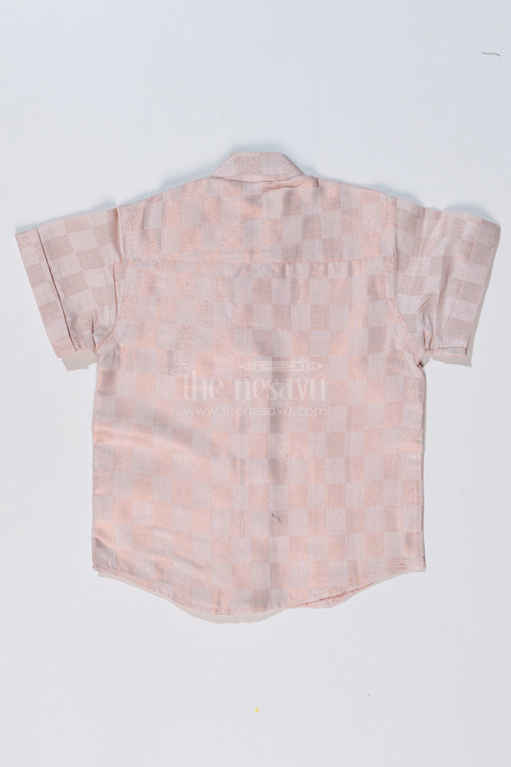 The Nesavu Boys Silk Shirt Boys Silk and Cotton Shirt in Gold with Checkered Pattern and Embellished Bee Motif Nesavu Boys Silk Cotton Shirt Gold Checkered Pattern Embellished Bee Design | The Nesavu