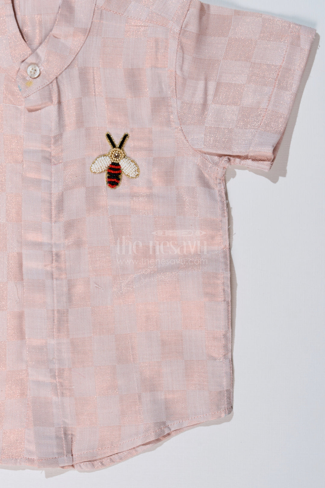 The Nesavu Boys Silk Shirt Boys Silk and Cotton Shirt in Gold with Checkered Pattern and Embellished Bee Motif Nesavu Boys Silk Cotton Shirt Gold Checkered Pattern Embellished Bee Design | The Nesavu