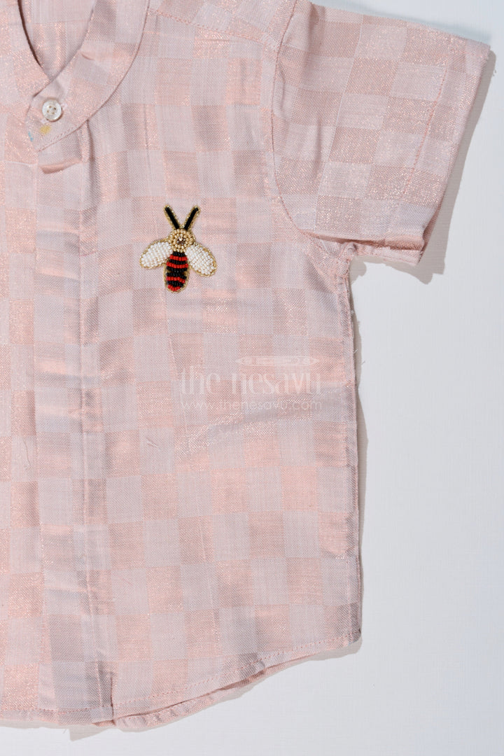 The Nesavu Boys Silk Shirt Boys Silk and Cotton Shirt in Gold with Checkered Pattern and Embellished Bee Motif Nesavu Boys Silk Cotton Shirt Gold Checkered Pattern Embellished Bee Design | The Nesavu