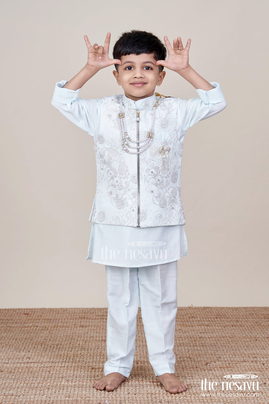 The Nesavu Boys Jacket Sets Boys Silk Blend Jacket Set for Festive Occasions and Weddings Nesavu 16 (1Y) / Blue BES909A-16 Nesavu boys silk blend jacket set embroidered designer jacket weddings festive occasions