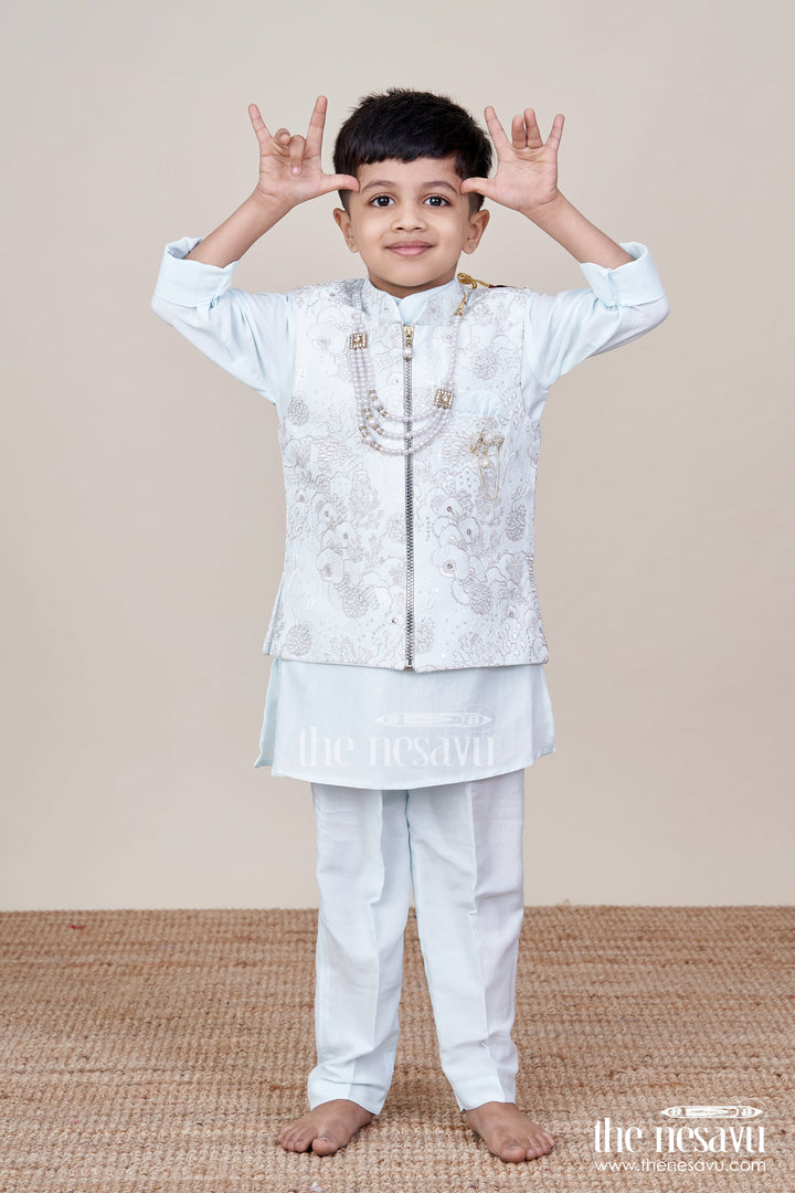 The Nesavu Boys Jacket Sets Boys Silk Blend Jacket Set for Festive Occasions and Weddings Nesavu 16 (1Y) / Blue BES909A-16 Nesavu boys silk blend jacket set embroidered designer jacket weddings festive occasions