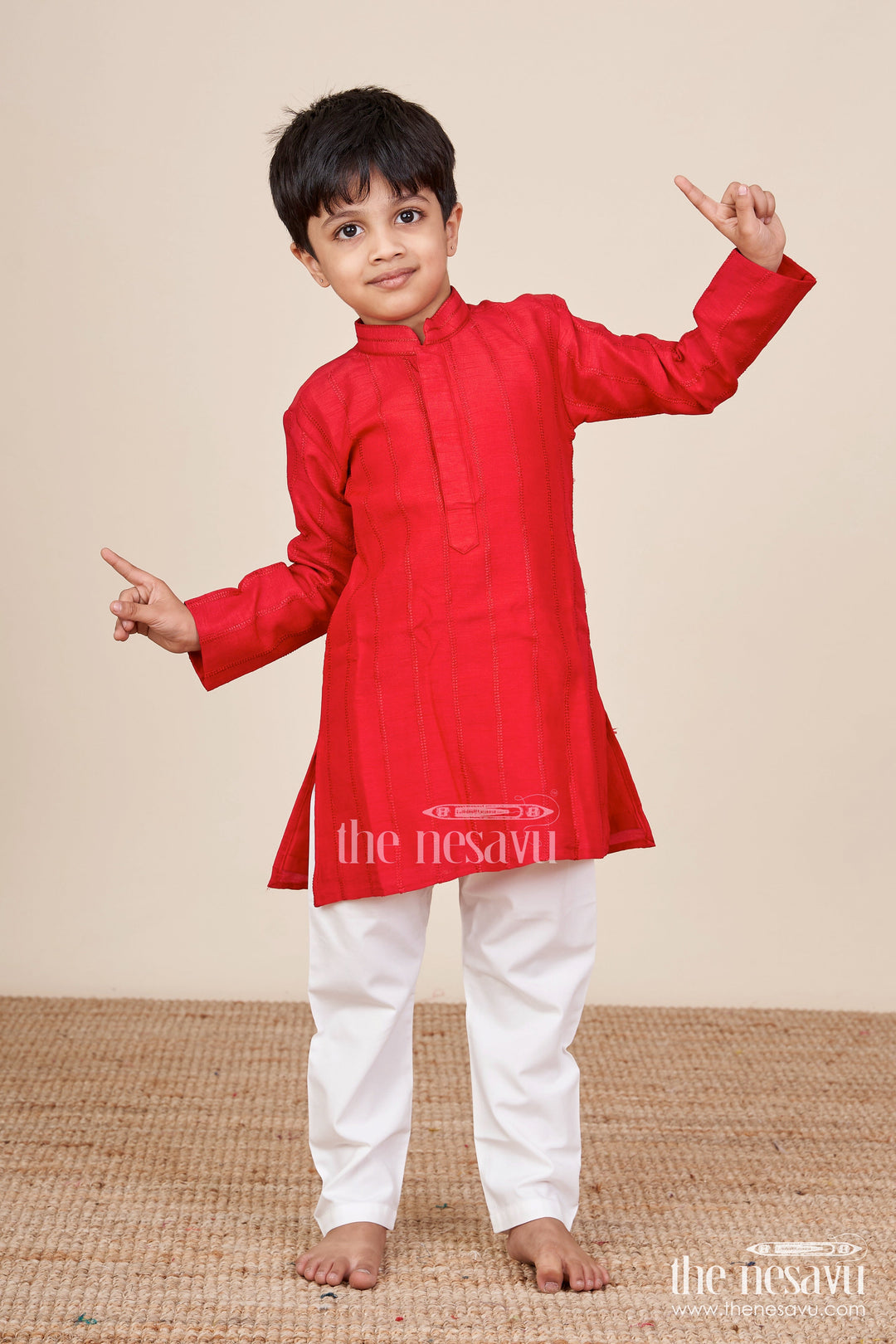 The Nesavu Boys Kurtha Set Boys Silk Blend Kurta Set for Diwali and Festive Wear Nesavu 18 (2Y) / Red BES757B-18 Nesavu boys blend silk kurta churidar set Diwali poojas festive celebrations