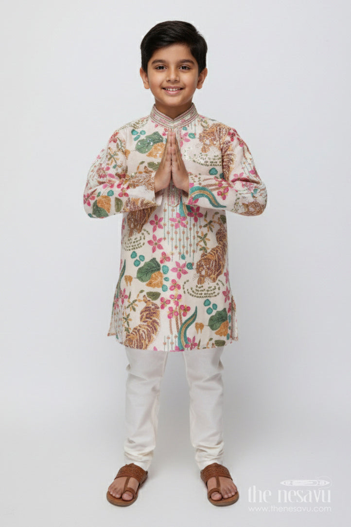 The Nesavu Boys Kurtha Set Boys Silk Blend Kurta Set with Animal Print Embroidery for Festive Functions Nesavu 16 (1Y) / Cream BES819A-16 Nesavu boys kurta set tiger print sequin embroidery weddings festive occasions