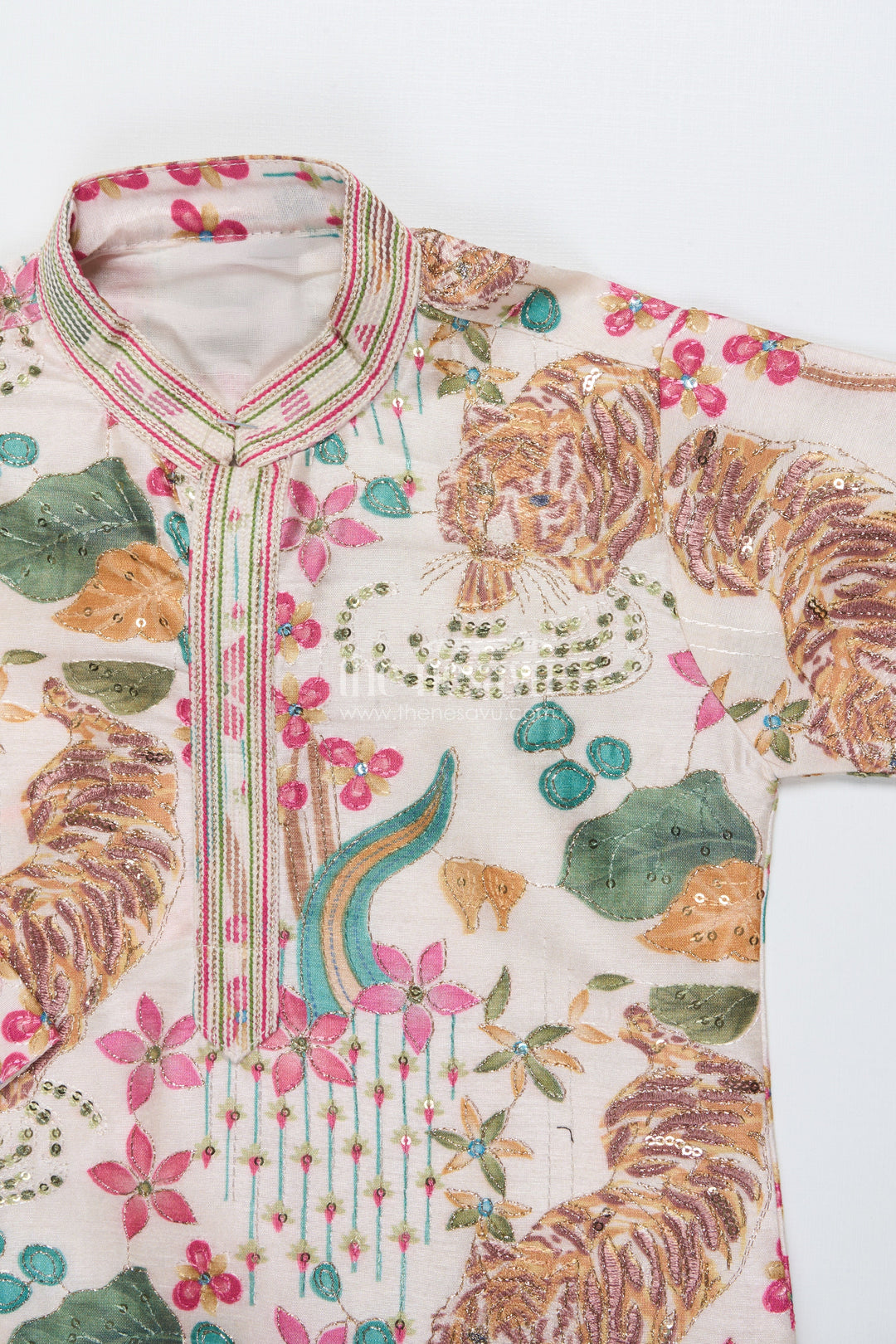 The Nesavu Boys Kurtha Set Boys Silk Blend Kurta Set with Animal Print Embroidery for Festive Functions Nesavu Nesavu boys kurta set tiger print sequin embroidery weddings festive occasions