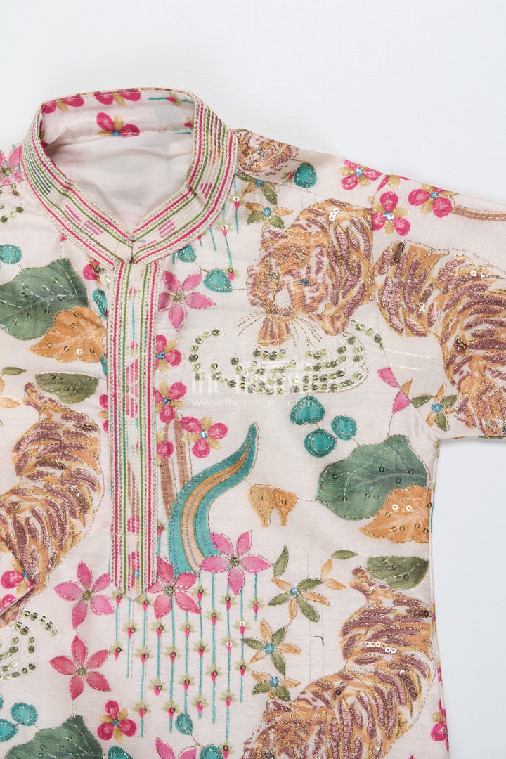 The Nesavu Boys Kurtha Set Boys Silk Blend Kurta Set with Animal Print Embroidery for Festive Functions Nesavu Nesavu boys kurta set tiger print sequin embroidery weddings festive occasions