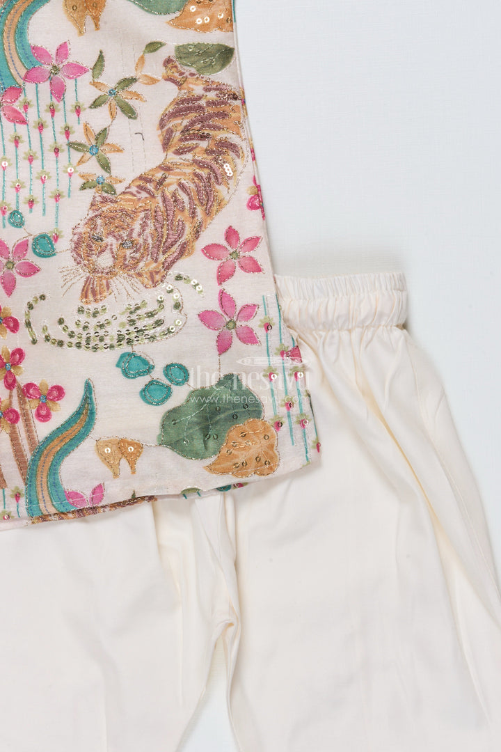 The Nesavu Boys Kurtha Set Boys Silk Blend Kurta Set with Animal Print Embroidery for Festive Functions Nesavu Nesavu boys kurta set tiger print sequin embroidery weddings festive occasions