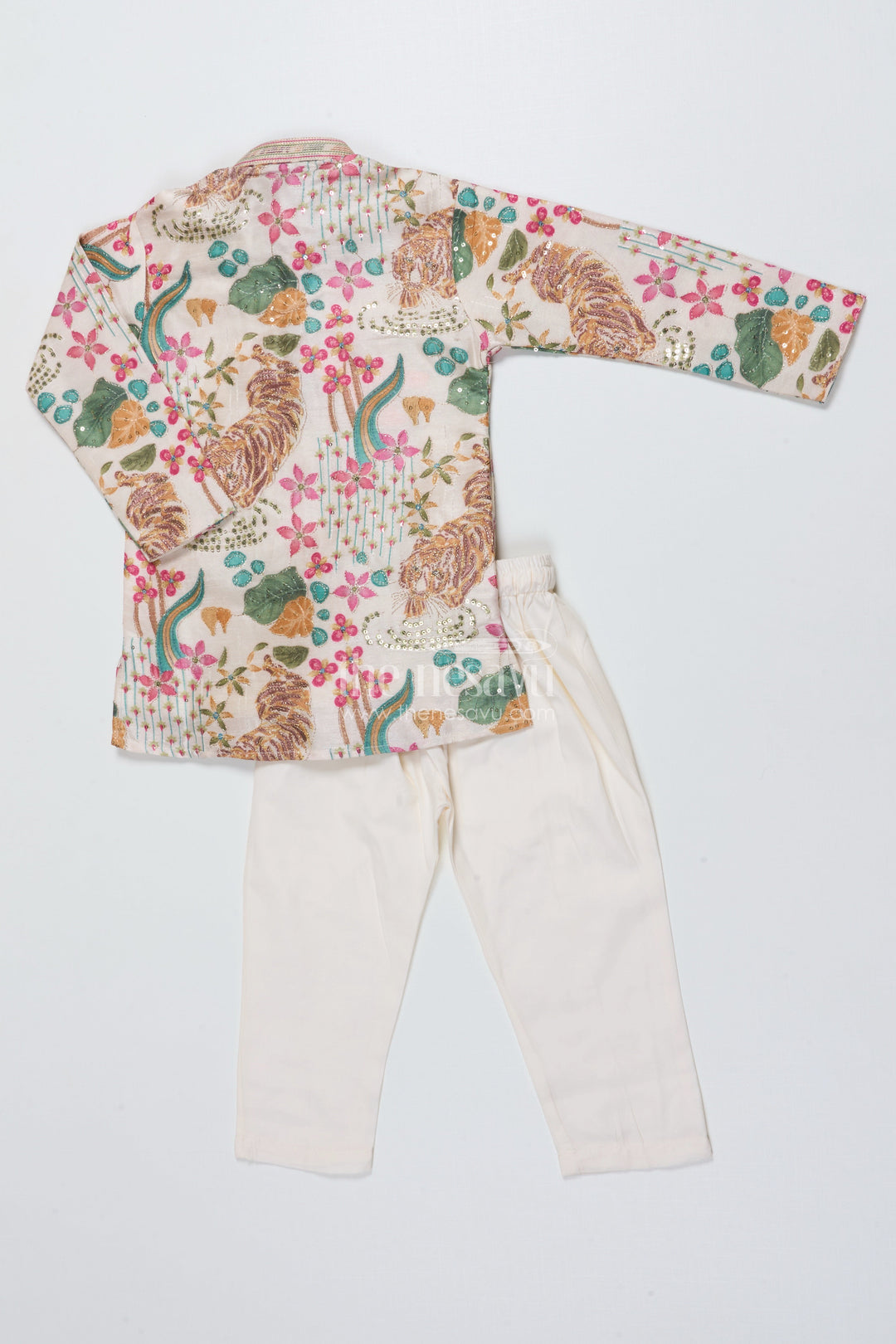 The Nesavu Boys Kurtha Set Boys Silk Blend Kurta Set with Animal Print Embroidery for Festive Functions Nesavu Nesavu boys kurta set tiger print sequin embroidery weddings festive occasions