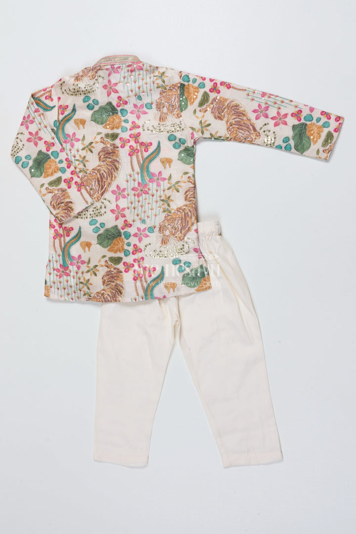 The Nesavu Boys Kurtha Set Boys Silk Blend Kurta Set with Animal Print Embroidery for Festive Functions Nesavu Nesavu boys kurta set tiger print sequin embroidery weddings festive occasions