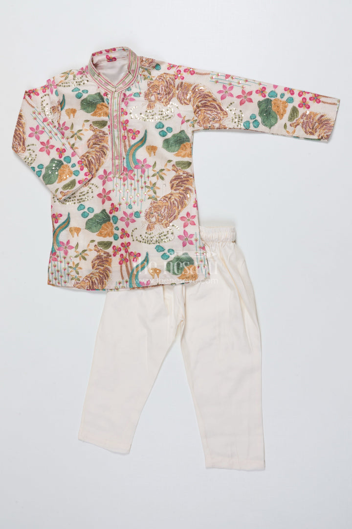 The Nesavu Boys Kurtha Set Boys Silk Blend Kurta Set with Animal Print Embroidery for Festive Functions Nesavu Nesavu boys kurta set tiger print sequin embroidery weddings festive occasions