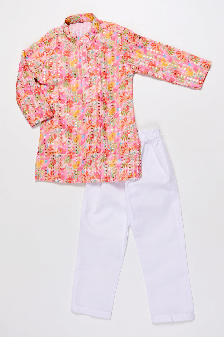 The Nesavu Boys Kurtha Set Boys Silk Blend Kurta Set with Digital Print for Festive Weddings Nesavu 16 (1Y) / Pink BES930A-16 Nesavu embroidered digital print boys kurta set festive silk blend outfit weddings cultural events