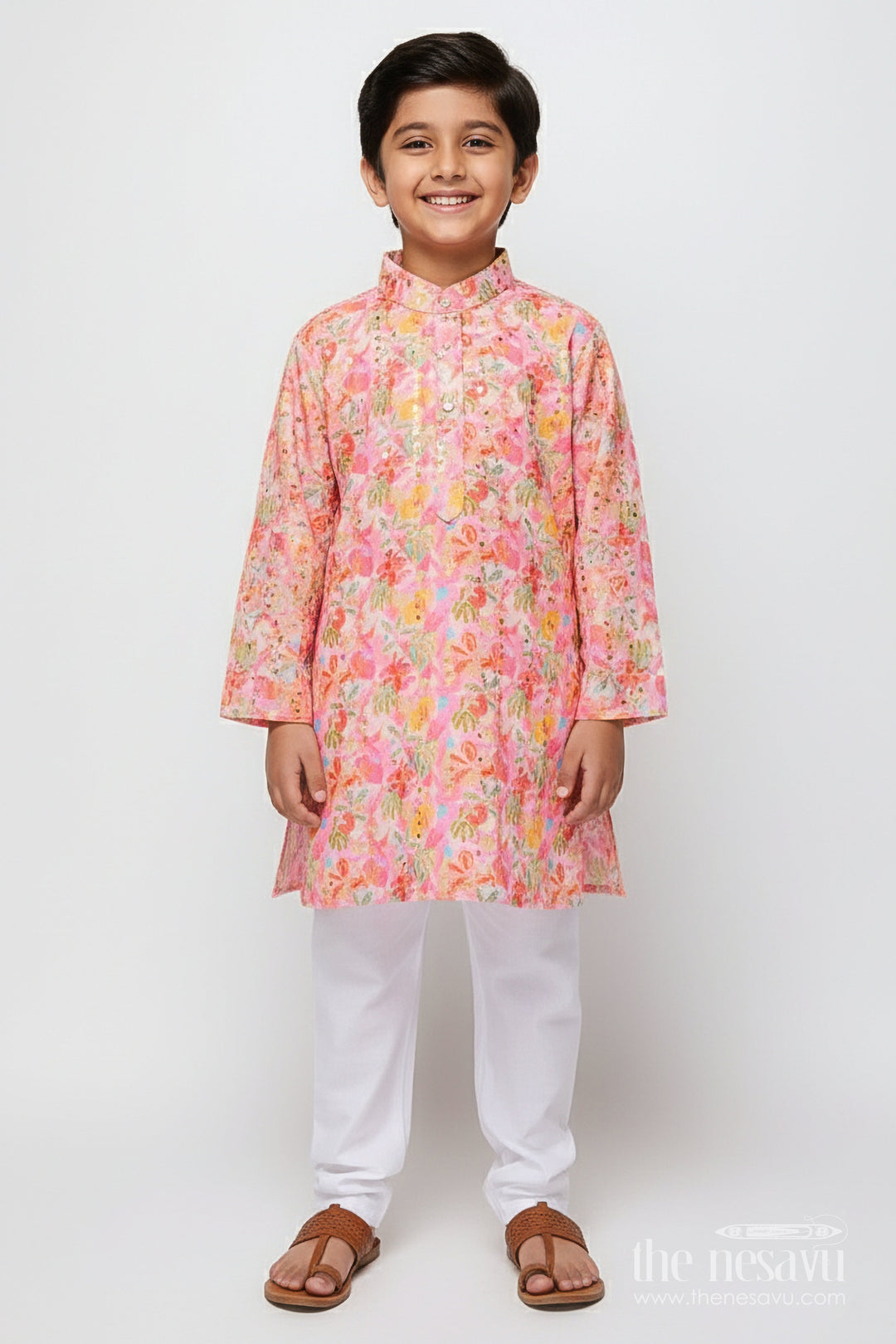 The Nesavu Boys Kurtha Set Boys Silk Blend Kurta Set with Digital Print for Festive Weddings Nesavu 16 (1Y) / Pink BES930A-16 Nesavu embroidered digital print boys kurta set festive silk blend outfit weddings cultural events