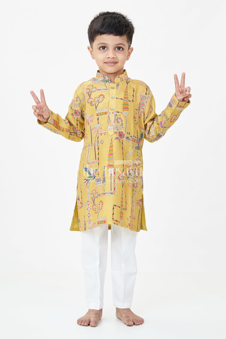 The Nesavu Boys Kurtha Set Boys Silk Blend Party Wear Kurtha Set in Mustard with Embroidered Details and White Pants Nesavu 16 (1Y) / Green BES710A-16 Boys Party Wear Kurtha Set Mustard Silk Blend Sequence Embroidery White Pants | The Nesavu