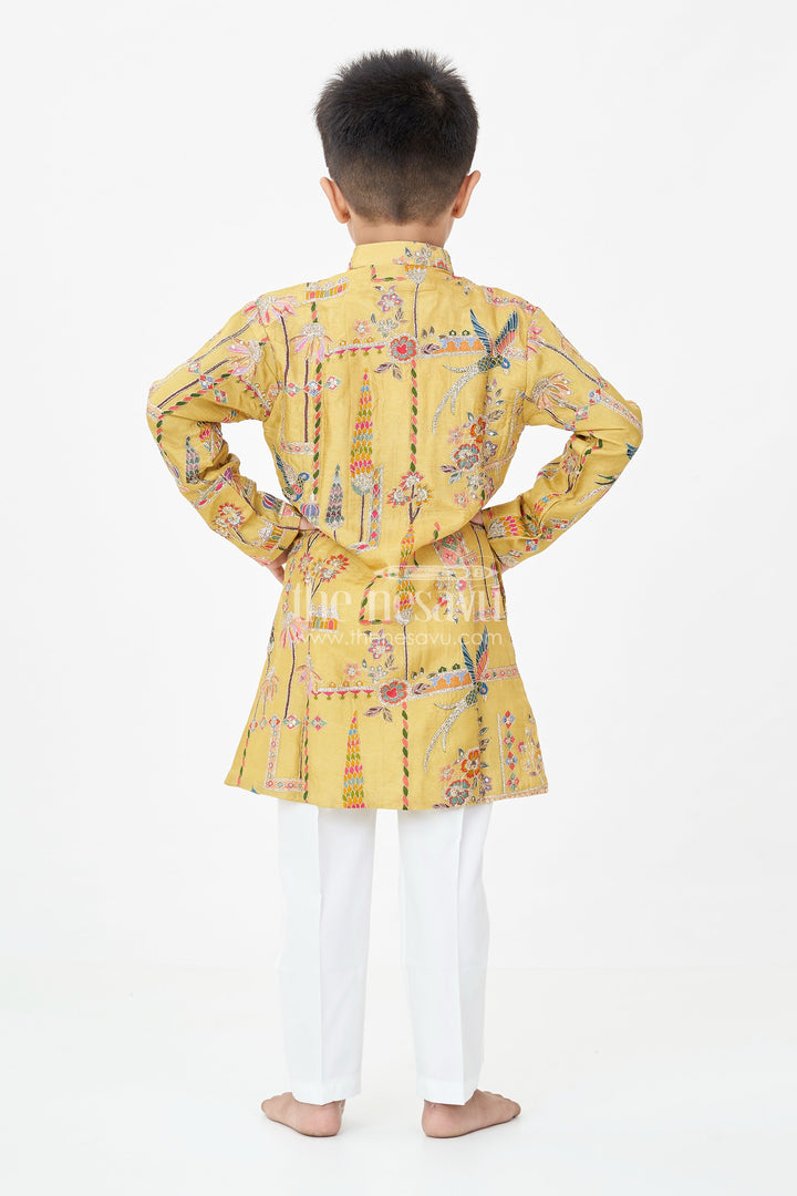 The Nesavu Boys Kurtha Set Boys Silk Blend Party Wear Kurtha Set in Mustard with Embroidered Details and White Pants Nesavu Boys Party Wear Kurtha Set Mustard Silk Blend Sequence Embroidery White Pants | The Nesavu