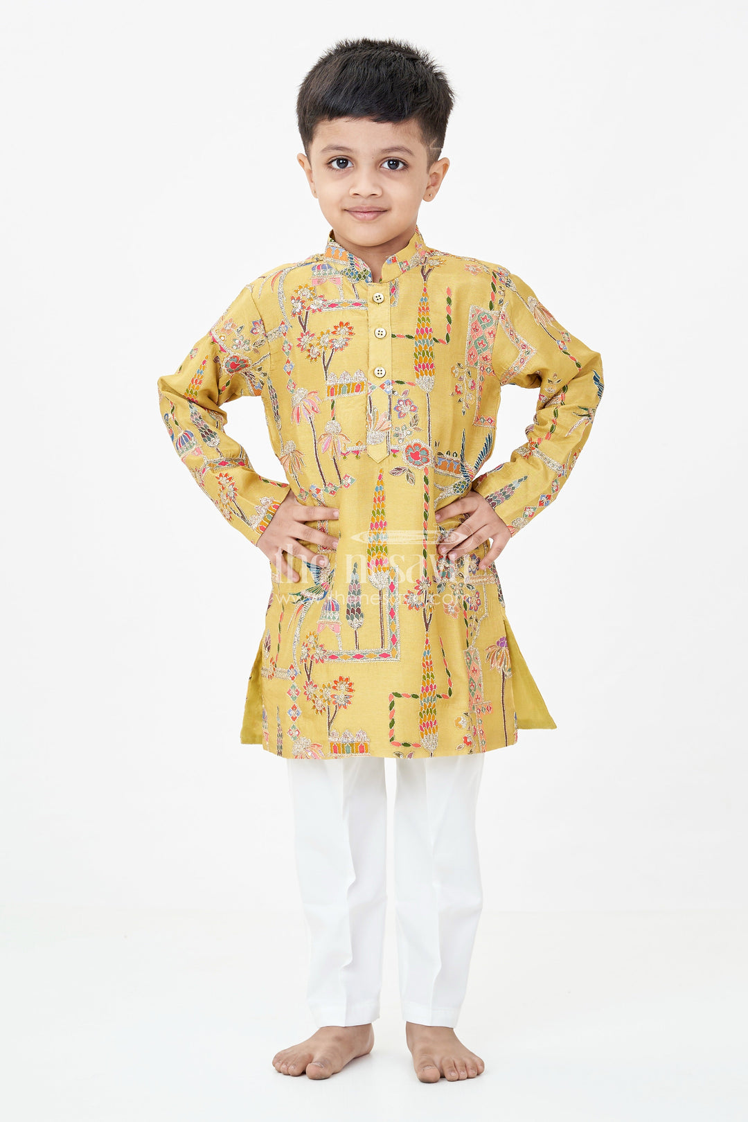 The Nesavu Boys Kurtha Set Boys Silk Blend Party Wear Kurtha Set in Mustard with Embroidered Details and White Pants Nesavu Boys Party Wear Kurtha Set Mustard Silk Blend Sequence Embroidery White Pants | The Nesavu