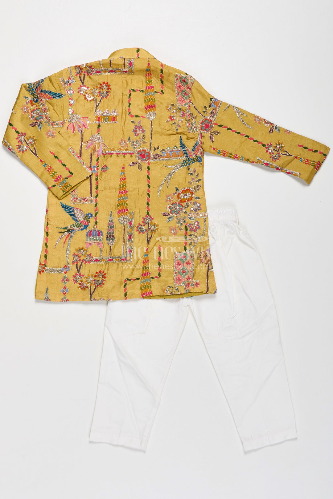 The Nesavu Boys Kurtha Set Boys Silk Blend Party Wear Kurtha Set in Mustard with Embroidered Details and White Pants Nesavu Boys Party Wear Kurtha Set Mustard Silk Blend Sequence Embroidery White Pants | The Nesavu