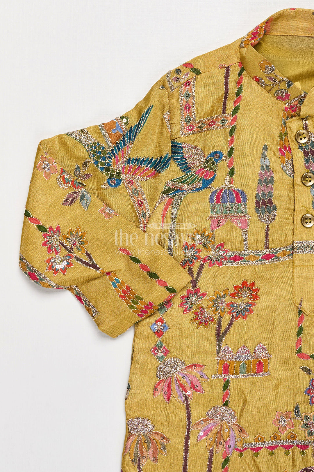The Nesavu Boys Kurtha Set Boys Silk Blend Party Wear Kurtha Set in Mustard with Embroidered Details and White Pants Nesavu Boys Party Wear Kurtha Set Mustard Silk Blend Sequence Embroidery White Pants | The Nesavu