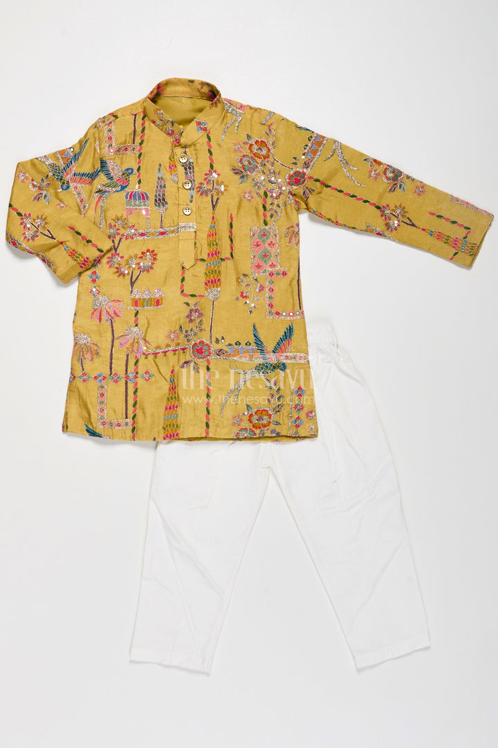 The Nesavu Boys Kurtha Set Boys Silk Blend Party Wear Kurtha Set in Mustard with Embroidered Details and White Pants Nesavu Boys Party Wear Kurtha Set Mustard Silk Blend Sequence Embroidery White Pants | The Nesavu