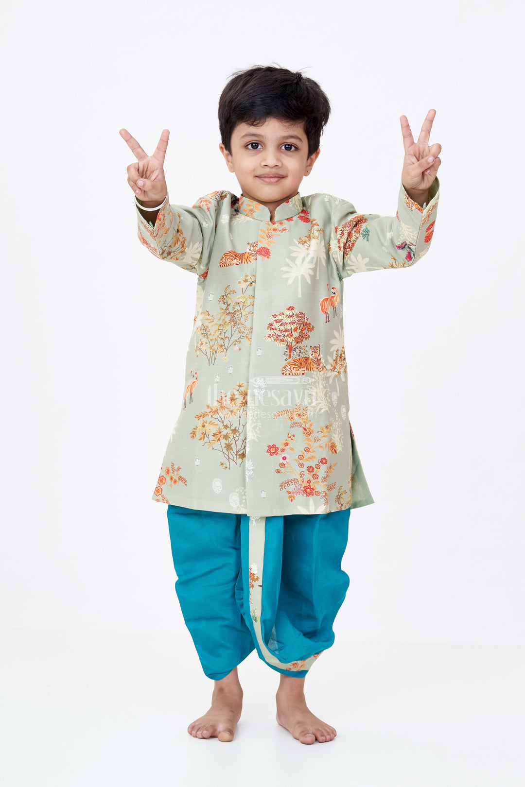 The Nesavu Boys Dothi Set Boys Silk Blend Traditional Ethnic Wear Set with Jungle-Themed Digital Print and Teal Dhoti Pants Nesavu 12 (3M) / Green BES670A-12 Boys Traditional Ethnic Wear Set Jungle Digital Print Silk Kurta Teal Dhoti Pants | The Nesavu