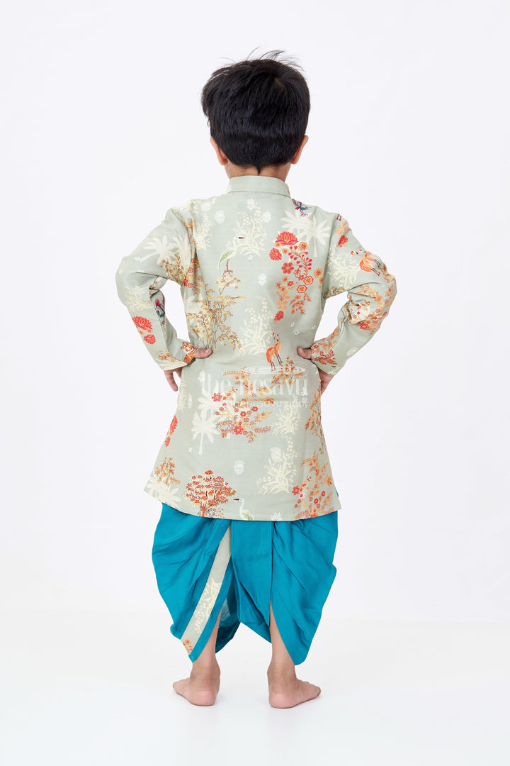 The Nesavu Boys Dothi Set Boys Silk Blend Traditional Ethnic Wear Set with Jungle-Themed Digital Print and Teal Dhoti Pants Nesavu Boys Traditional Ethnic Wear Set Jungle Digital Print Silk Kurta Teal Dhoti Pants | The Nesavu