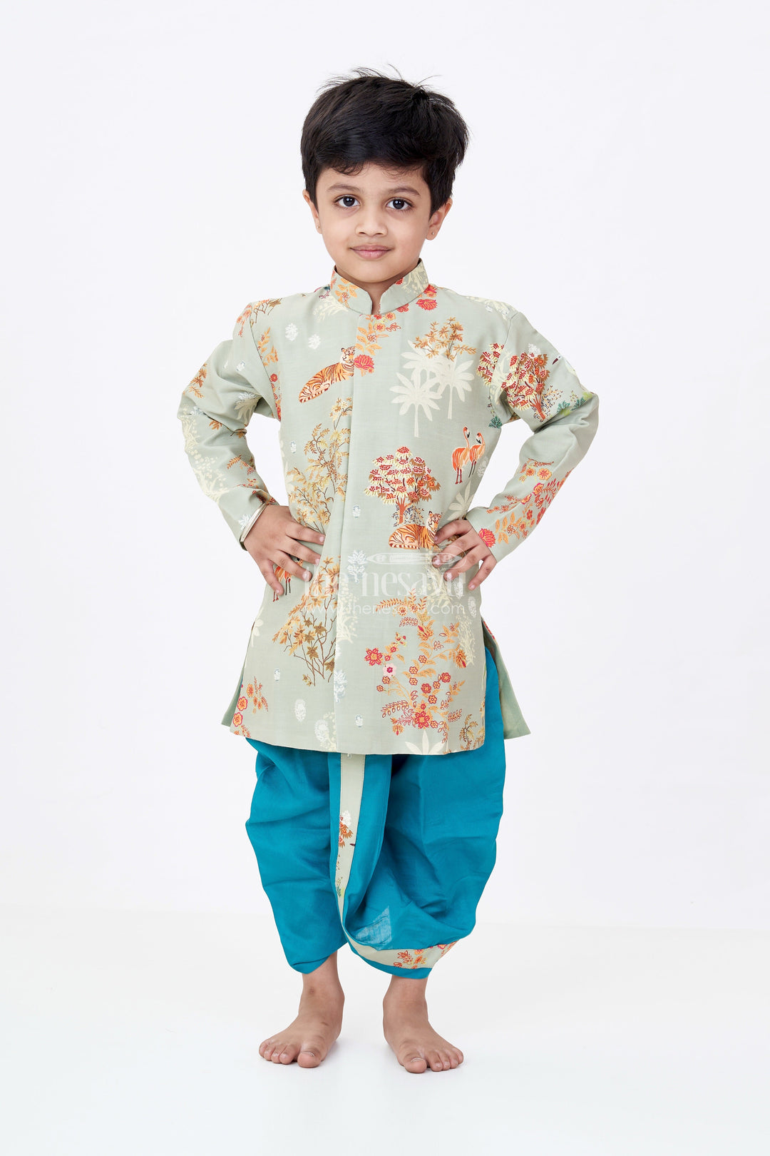 The Nesavu Boys Dothi Set Boys Silk Blend Traditional Ethnic Wear Set with Jungle-Themed Digital Print and Teal Dhoti Pants Nesavu Boys Traditional Ethnic Wear Set Jungle Digital Print Silk Kurta Teal Dhoti Pants | The Nesavu