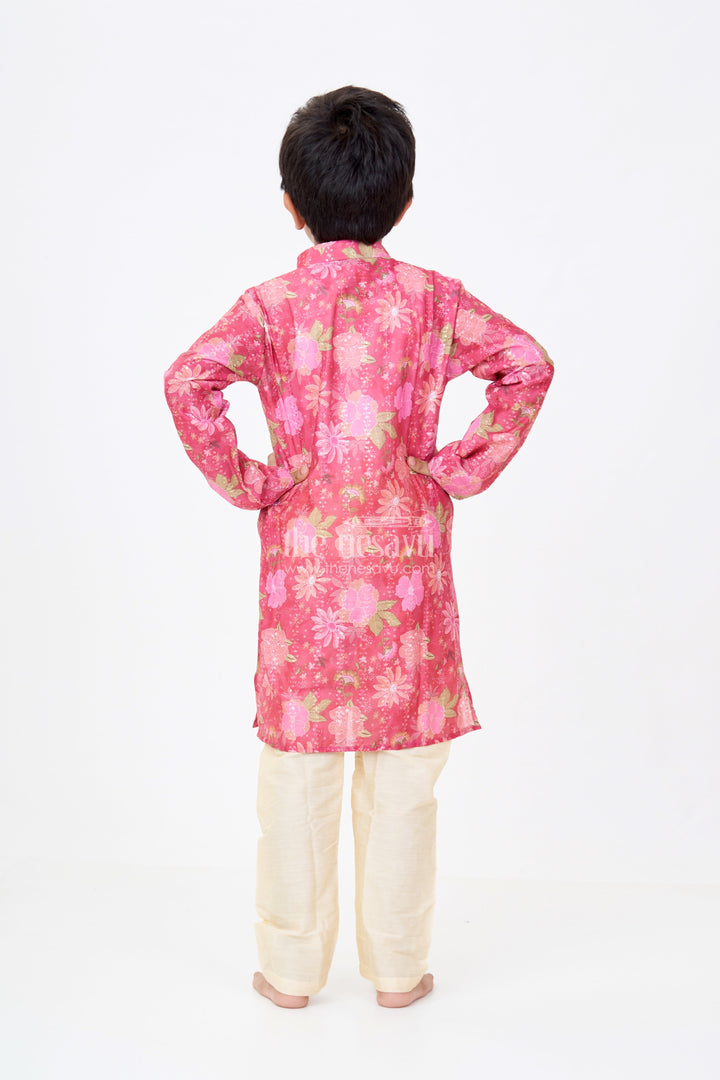 The Nesavu Boys Kurtha Set Boys Silk Cotton Maroon Kurta Set with Self Embroidery and Floral Digital Print Accents Nesavu Nesavu Boys Silk Cotton Maroon Kurta Set Self Embroidery Floral Digital Print Highlights