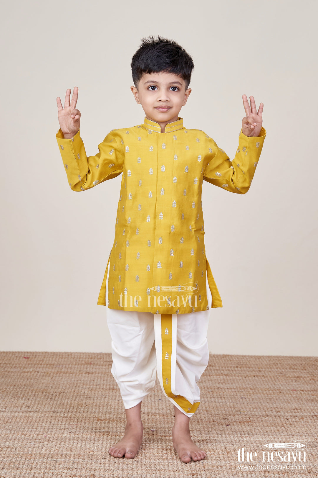 The Nesavu Boys Dothi Set Boys Silk Dhoti Kurta Set for Weddings and Festive Celebrations Nesavu 10 (NB) / Yellow BES777B-10 Nesavu boys silk blend dhoti kurta set weddings Diwali cultural festivities