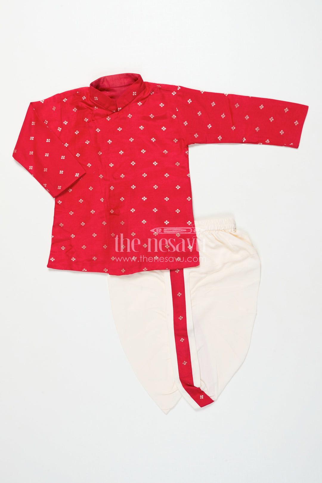 The Nesavu Boys Dothi Set Boys Silk Dhoti Set for Weddings and Traditional Celebrations Nesavu 14 (6M) / Red BES771A-14 Nesavu boys silk blend dhoti kurta set zari butta weddings family celebrations