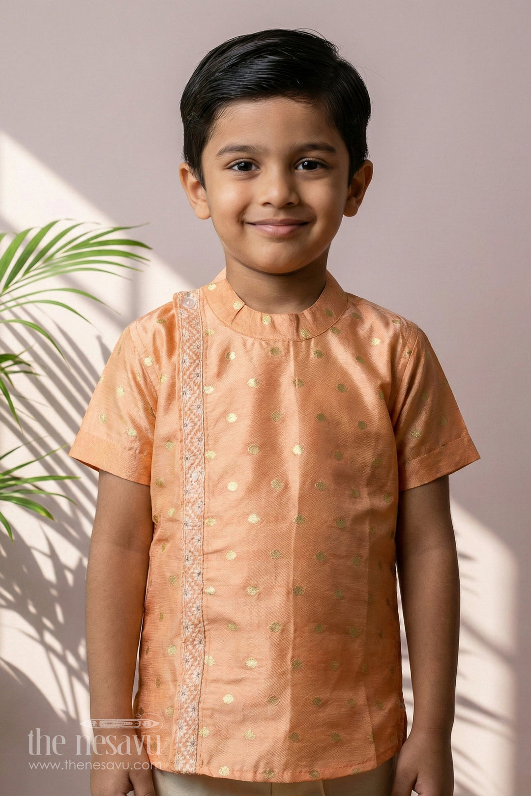 The Nesavu Boys Silk Shirt Boys Silk Dress Shirt in Banaras Designer Fabric with Subtle Zari Motif and Embroidered Trim Nesavu 16 (1Y) / Gold BS252A-16 Boys silk dress shirt Banaras Designer Fabric Golden Motifs Embroidered Trim | The Nesavu