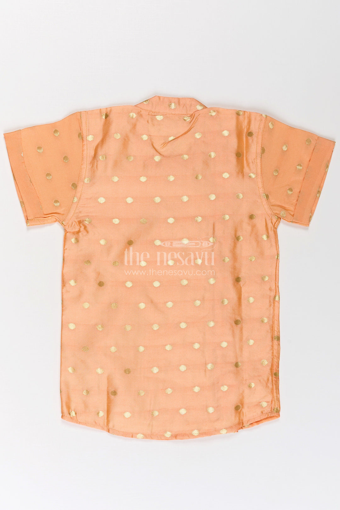 The Nesavu Boys Silk Shirt Boys Silk Dress Shirt in Banaras Designer Fabric with Subtle Zari Motif and Embroidered Trim Nesavu Boys silk dress shirt Banaras Designer Fabric Golden Motifs Embroidered Trim | The Nesavu