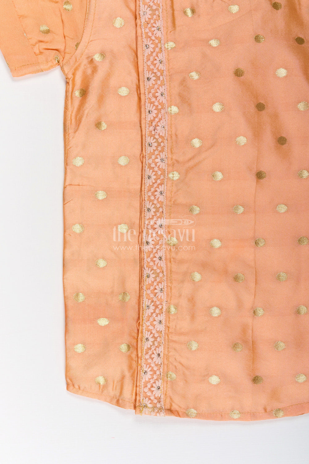 The Nesavu Boys Silk Shirt Boys Silk Dress Shirt in Banaras Designer Fabric with Subtle Zari Motif and Embroidered Trim Nesavu Boys silk dress shirt Banaras Designer Fabric Golden Motifs Embroidered Trim | The Nesavu
