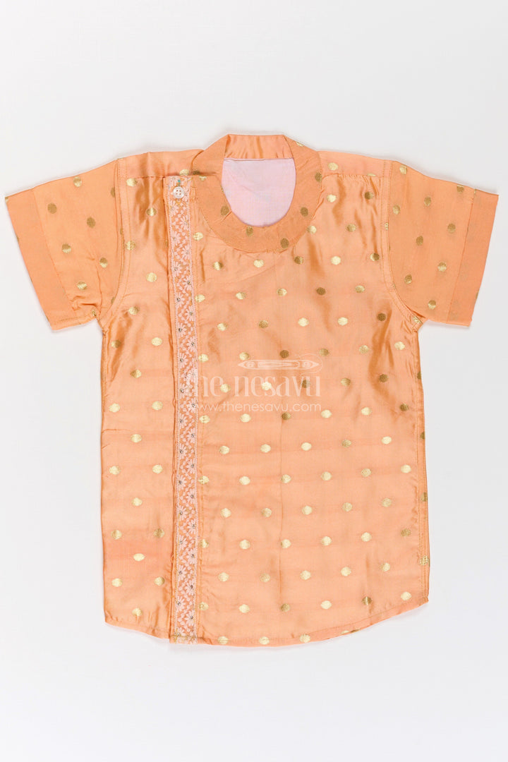 The Nesavu Boys Silk Shirt Boys Silk Dress Shirt in Banaras Designer Fabric with Subtle Zari Motif and Embroidered Trim Nesavu Boys silk dress shirt Banaras Designer Fabric Golden Motifs Embroidered Trim | The Nesavu