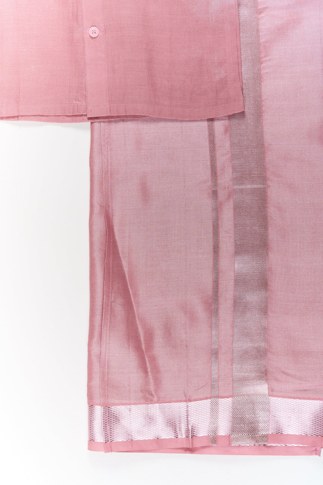 The Nesavu Boys Dothi Set Boys Silk Kurta and Dhoti Set in Rose Gold with Elegant Zari Border Nesavu Boys Silk Kurta Dhoti Set Rose Gold Zari Border Weddings | The Nesavu