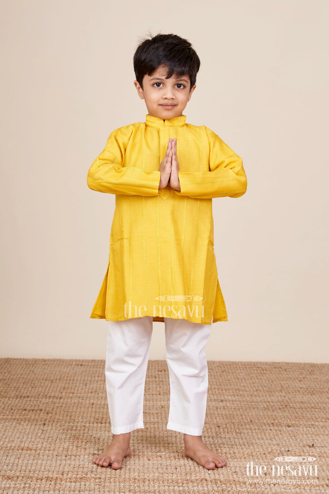 The Nesavu Boys Kurtha Set Boys Silk Kurta Set for Festivals and Family Celebrations Nesavu 18 (2Y) / Yellow BES757A-18 Nesavu boys silk blend kurta set churidar pants festive occasions ethnic celebrations