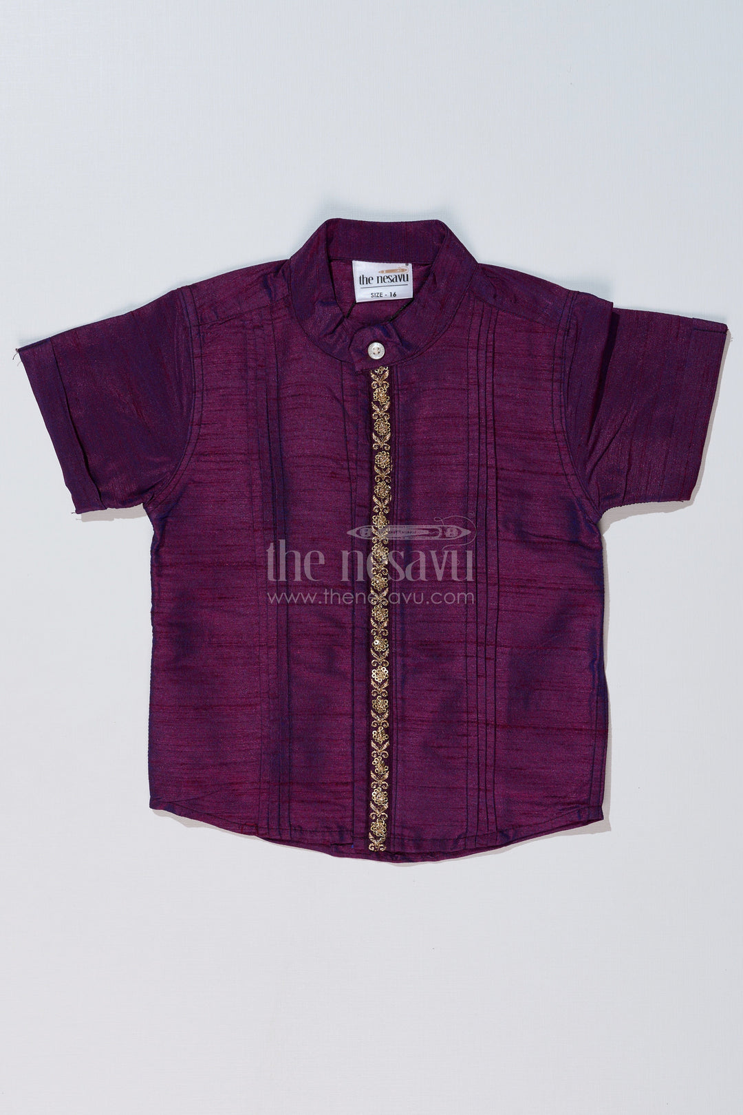The Nesavu Boys Silk Shirt Boys Silk Purple Shirt with Rich Fabric and Intricate Embroidery for Festive Occasions Nesavu 16 (1Y) / Purple BS227A-16 Boys Silk Purple Shirt Golden Embroidery Weddings Festive Wear | The Nesavu