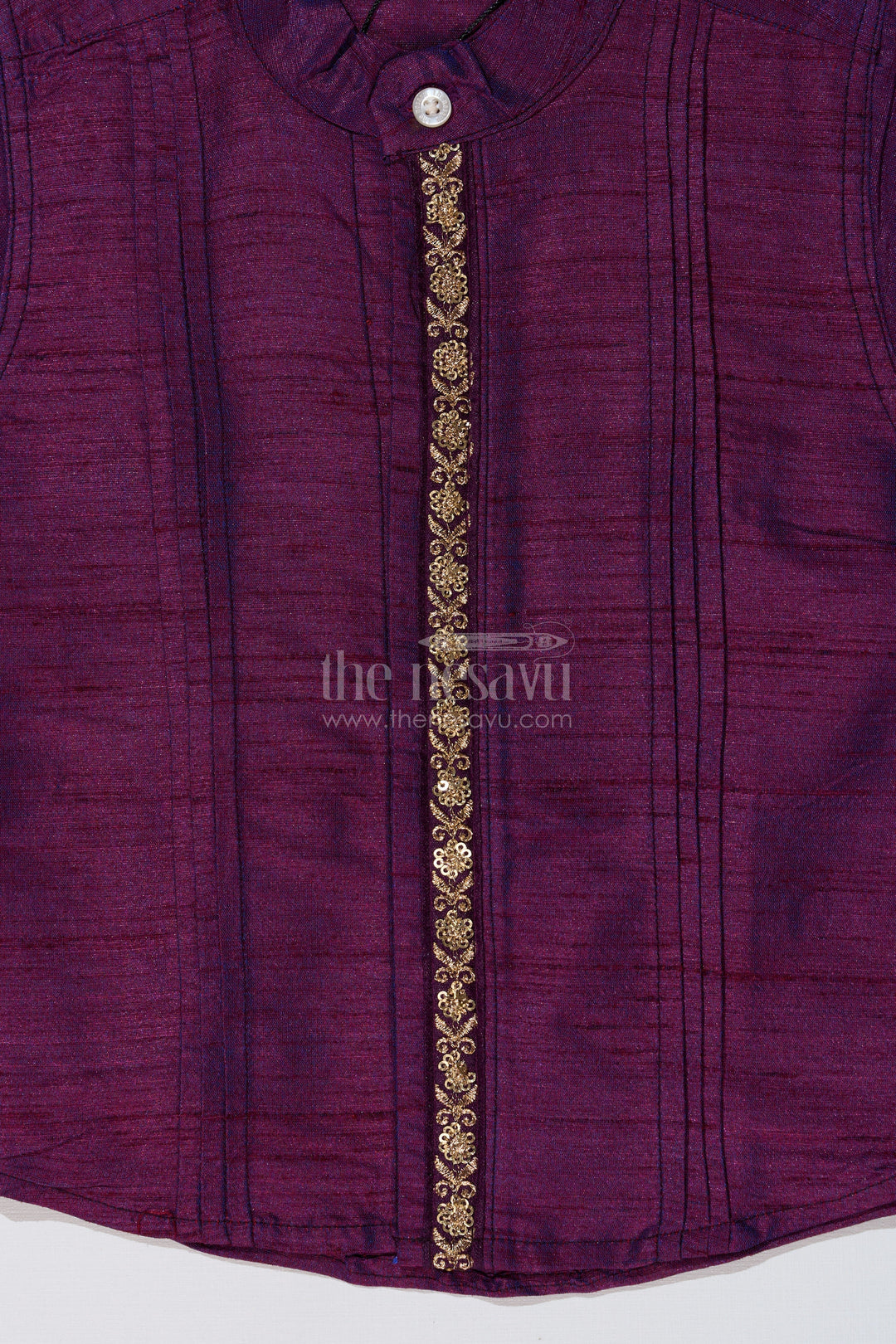 The Nesavu Boys Silk Shirt Boys Silk Purple Shirt with Rich Fabric and Intricate Embroidery for Festive Occasions Nesavu Boys Silk Purple Shirt Golden Embroidery Weddings Festive Wear | The Nesavu