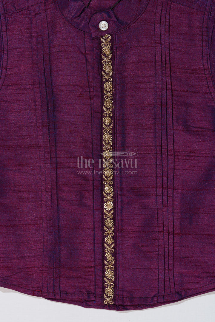 The Nesavu Boys Silk Shirt Boys Silk Purple Shirt with Rich Fabric and Intricate Embroidery for Festive Occasions Nesavu Boys Silk Purple Shirt Golden Embroidery Weddings Festive Wear | The Nesavu