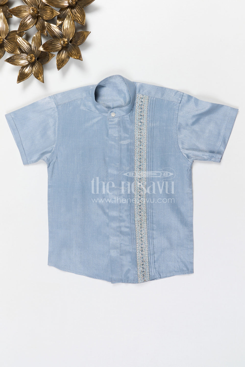 The Nesavu Boys Silk Shirt Boys Silk Shirt for Festive and Traditional Nesavu 14 (6M) / Gray / Silk Blend BS411A-14 Nesavu boys tissue silk festive shirt with embroidered front panel