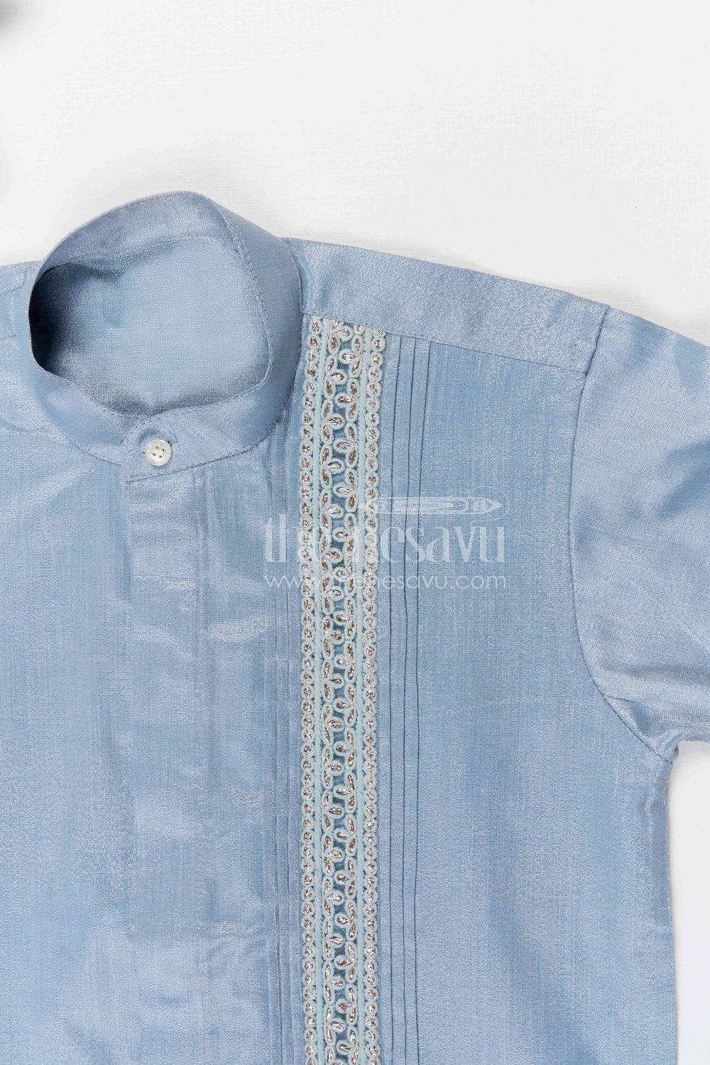 The Nesavu Boys Silk Shirt Boys Silk Shirt for Festive and Traditional Nesavu Nesavu boys tissue silk festive shirt with embroidered front panel