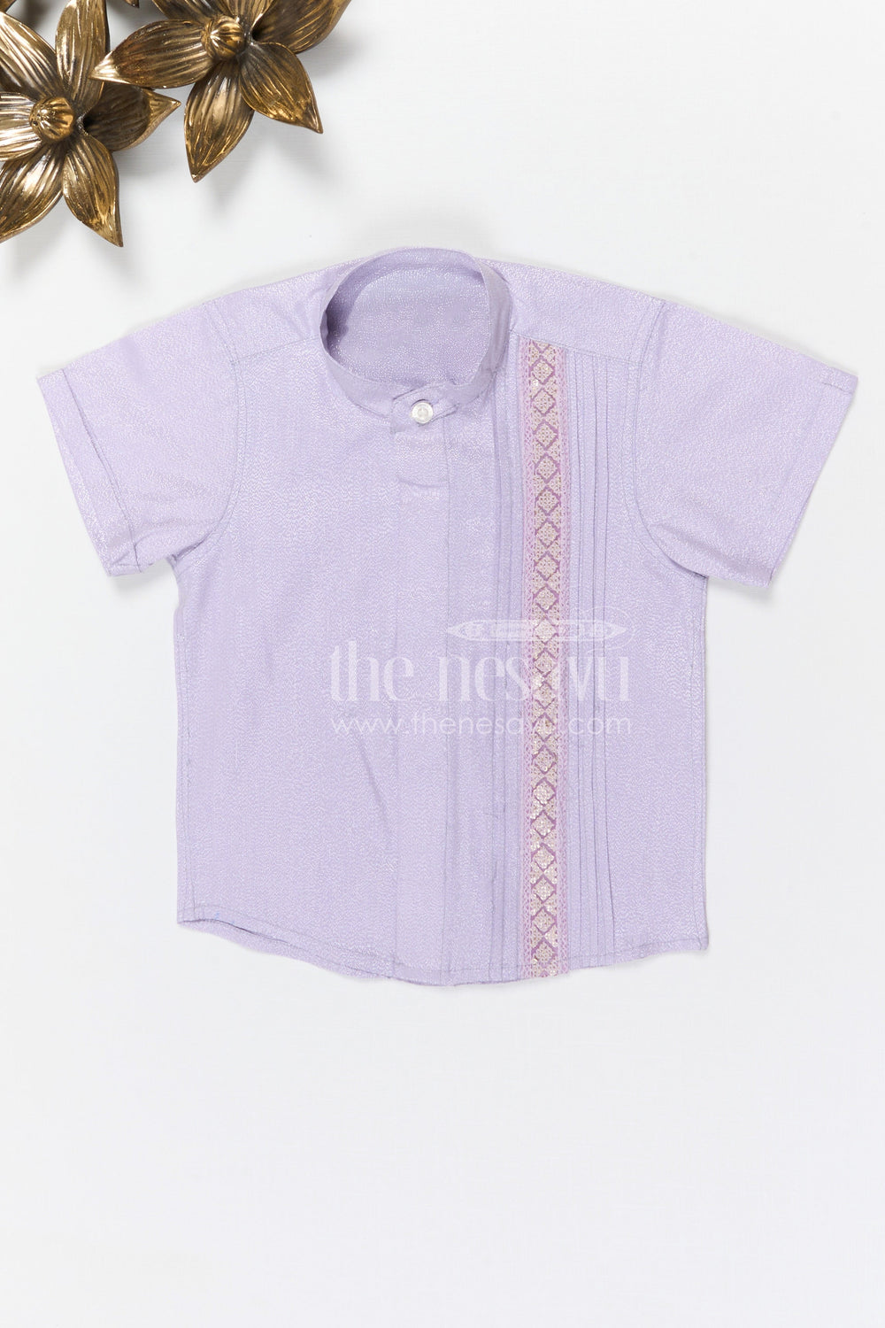 The Nesavu Boys Silk Shirt Boys Silk Shirt for Festive and Traditional Celebrations Nesavu 14 (6M) / Purple / Silk Blend BS408A-14 Nesavu boys tissue silk festive shirt with embroidered panel