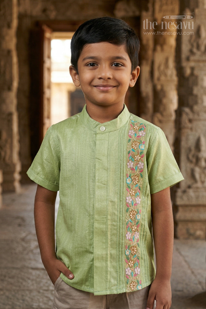 The Nesavu Boys Silk Shirt Boys Silk Shirt for Festive and Traditional Occasions Nesavu 14 (6M) / Green / Silk Blend BS407A-14 Nesavu boys tissue silk festive shirt with embroidered panel