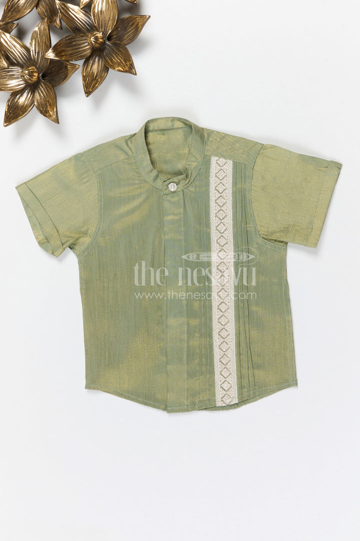 The Nesavu Boys Silk Shirt Boys Silk Shirt for Festive and Traditional Occasions Nesavu 14 (6M) / Green / Silk Blend BS414A-14 Nesavu boys tissue silk festive shirt with woven front detail