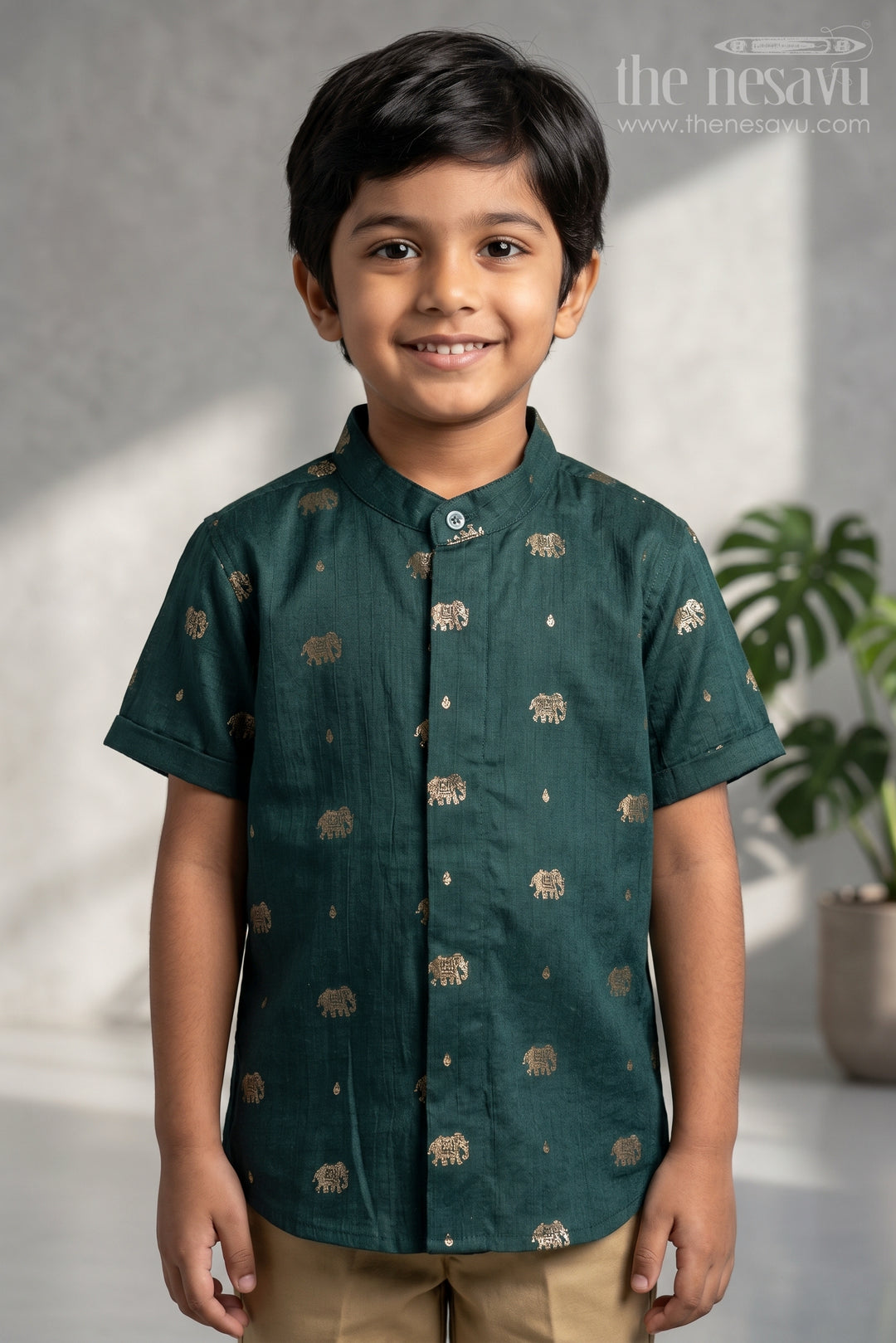 The Nesavu Boys Silk Shirt Boys Silk Shirt for Festive Celebrations and Traditional Gatherings Nesavu 16 (1Y) / Green / Raw Silk BS502A-16 Nesavu Boys Raw Silk Shirt With Jacquard Elephant Butta Design For Festive Occasions