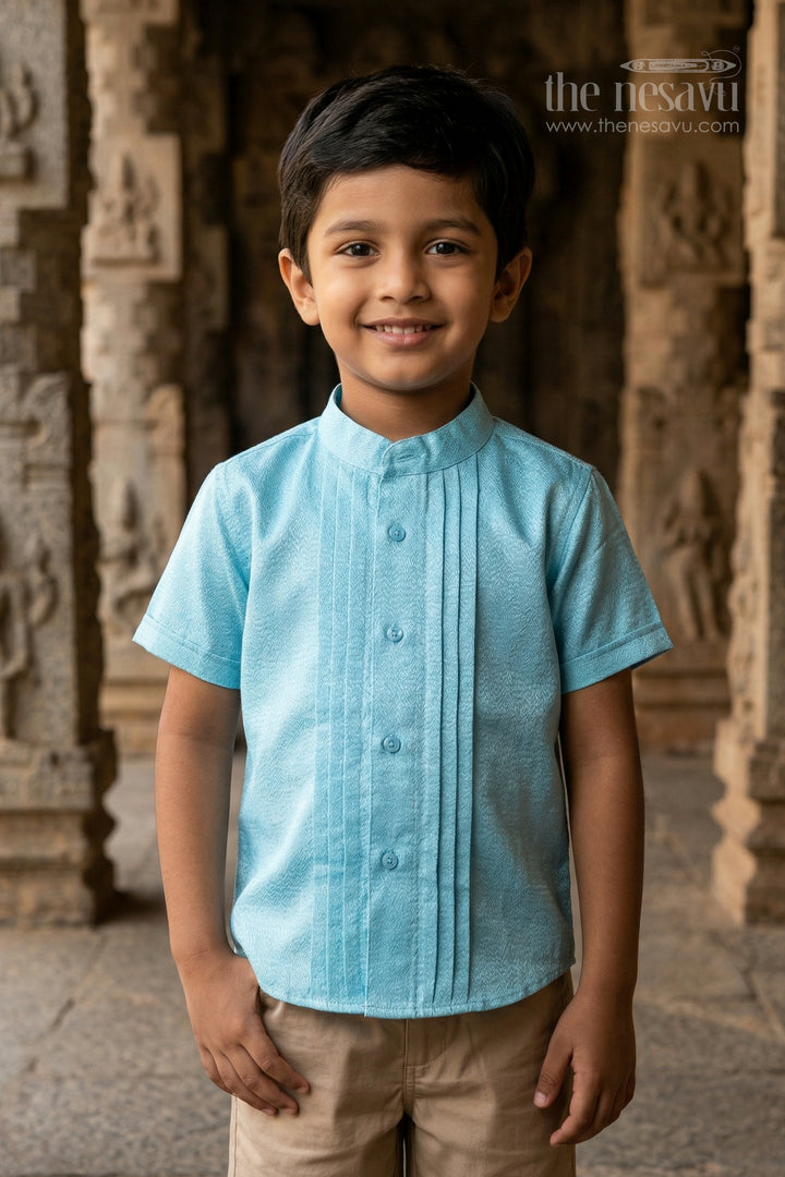 The Nesavu Boys Silk Shirt Boys Silk Shirt for Festive Family Gatherings Nesavu 14 (6M) / Turquoise / Silk Blend BS406C-14 Nesavu Boys Tissue Silk Shirt For Festive Family Gatherings Weddings And Special Occasions