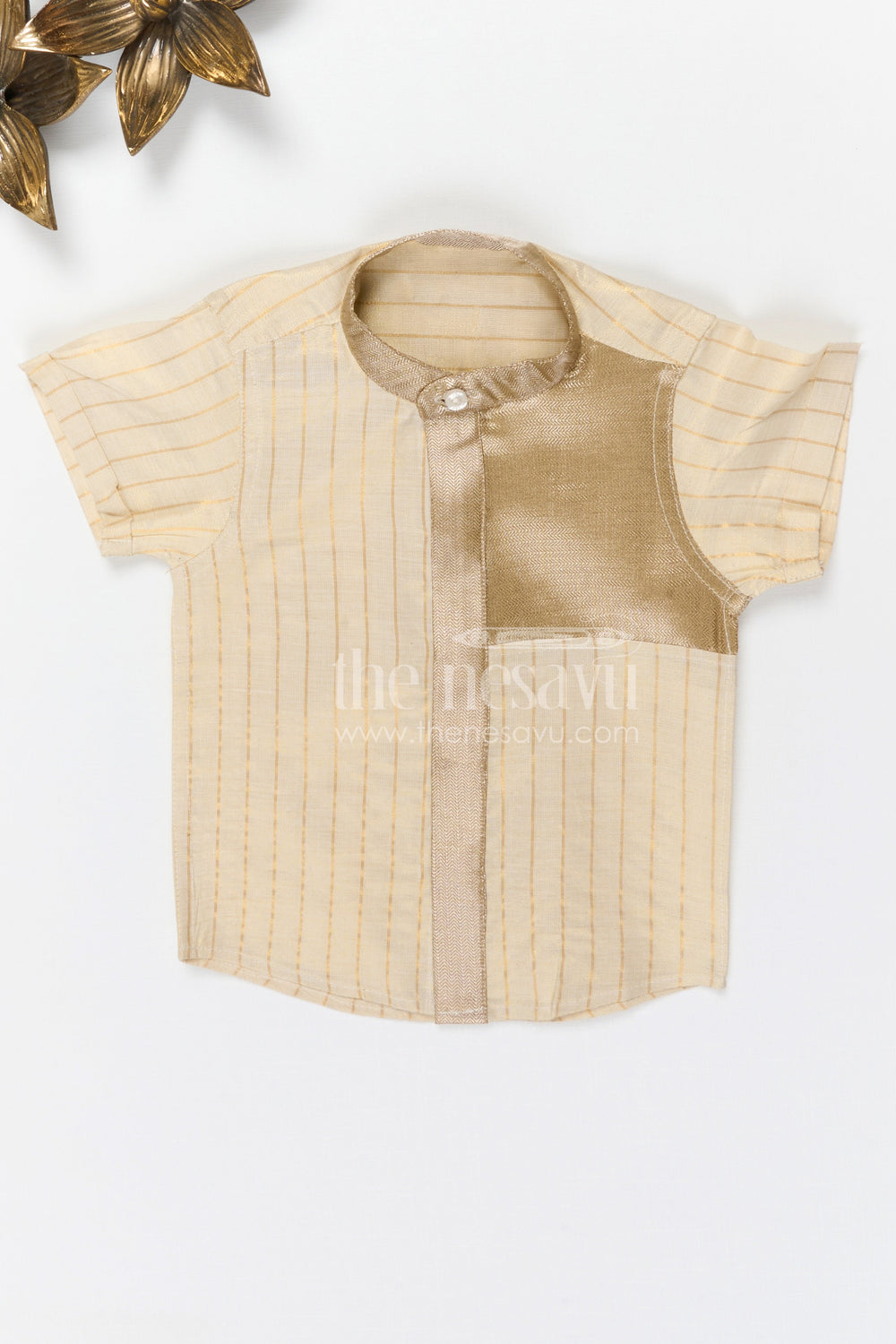 The Nesavu Boys Silk Shirt Boys Silk Shirt for Festive Gatherings and Cultural Events Nesavu 14 (6M) / Cream / Silk Blend BS415B-14 Nesavu boys cream tissue silk ethnic shirt with woven detail