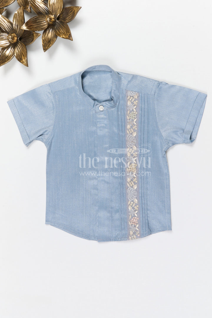 The Nesavu Boys Silk Shirt Boys Silk Shirt for Festive Gatherings and Special Occasions Nesavu 14 (6M) / Gray / Silk Blend BS410A-14 Nesavu boys tissue silk ethnic shirt with embroidery detail