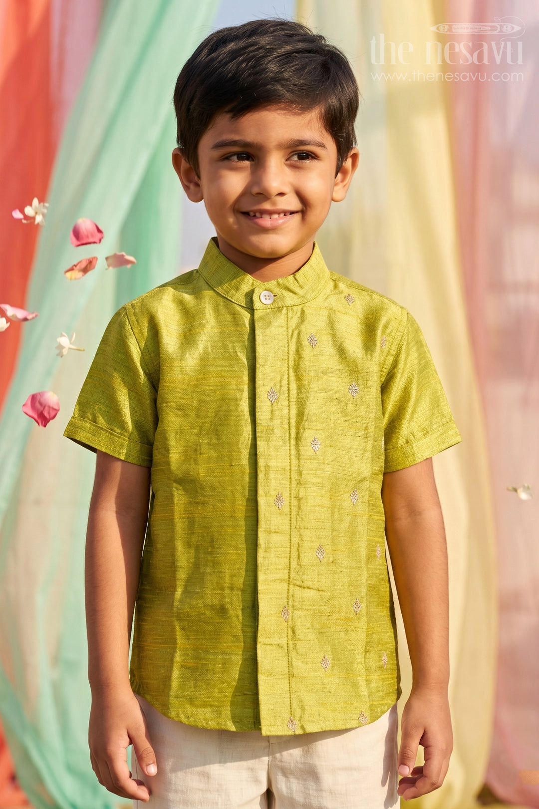 The Nesavu Boys Silk Shirt Boys Silk Shirt for Festive Occasions and Traditional Functions Nesavu 16 (1Y) / Green / Raw Silk BS473A-16 Nesavu Boys Raw Silk Shirt For Festive Occasions With Sequence Embroidery Short Sleeve Ethnic Wear